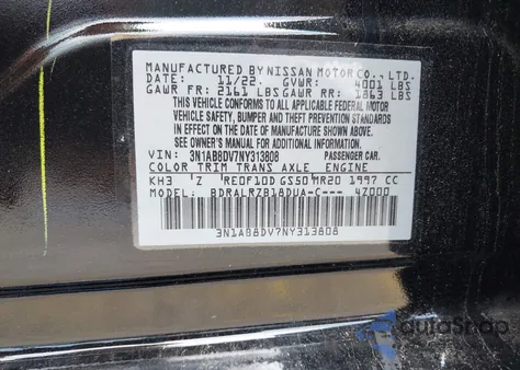 2022 Nissan Sentra Sr Xtronic Cvt z USA, uszkodzony, nr VIN 3N1AB8DV7NY313808